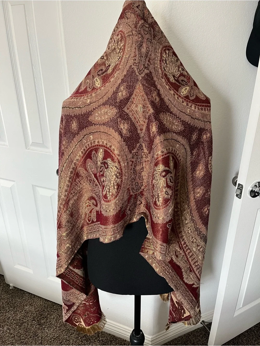 Vintage Paisley Fringe Scarf Shawl Wrap – Burgundy, Gold & Tan
